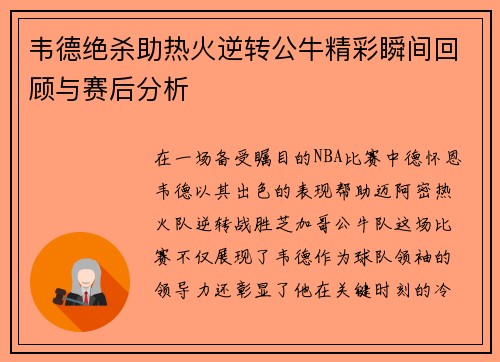 韦德绝杀助热火逆转公牛精彩瞬间回顾与赛后分析
